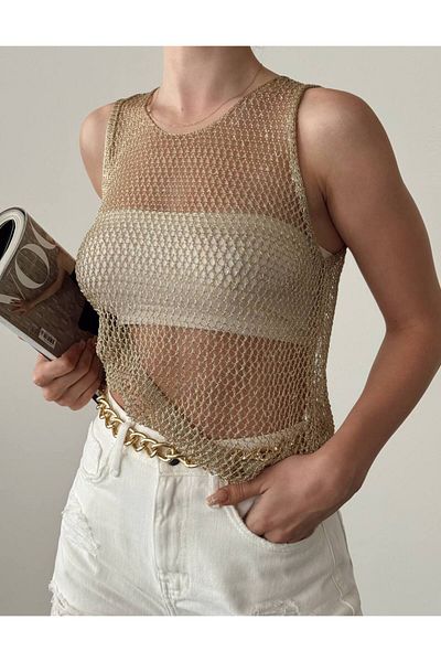 Laluvia Goldfarbenes Mesh-Tanktop
