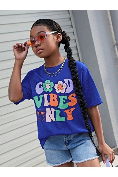 MORNİNG KİDS تي شيرت قطني ممشط مطبوع عليه Good Vibes Only للفتيات باللون الأزرق