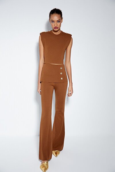 rue Button Detailed Tan Cut-Out Blouse