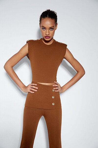 rue Button Detailed Tan Cut-Out Blouse