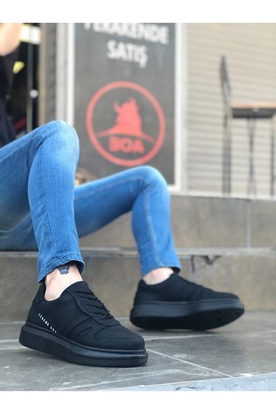 BOA BA0548 BOA Thick Side Patterned High Black Sole Black Laced Sports Men's Shoes