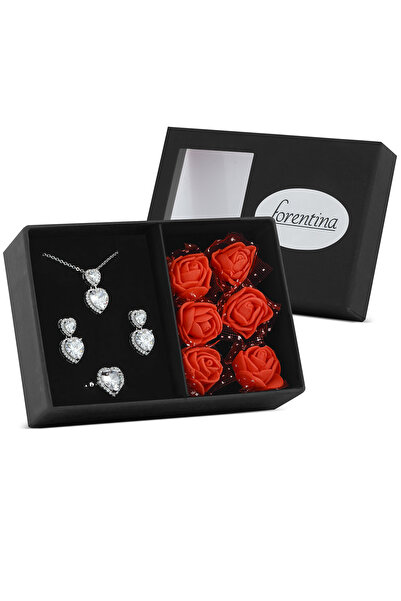 Forentina Gümüş Kaplama Kalpli Kolye Küpe Yüzük-Güllü Siyah Kutuda Hediye Set...