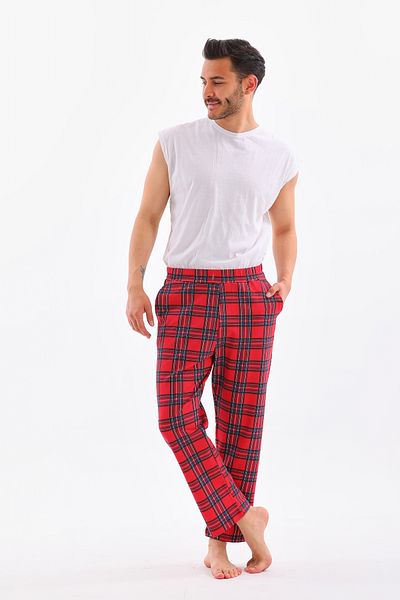 Arvin Men's Pocketed 2 Thread Plaid Printed Elastic Waist Summer Pajama Bottom Tracksuit
