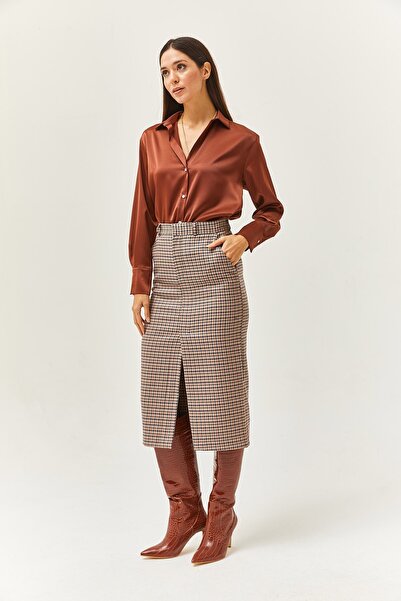 Pulli Collection Καρό σουέντ με σκίσιμο κλασική μίντι φούστα