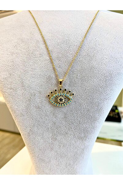 Lilyum Aksesuar Mavi ve Siyah Zirkon Taşlı Gold Altın Sarı Zincirli Göz Model Çelik Kolye