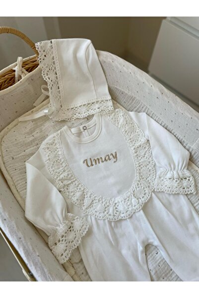 VolleM İsimli Yenidoğan Hastane Çıkışı Nakışlı Dantelli Bonet Tulum 2'li