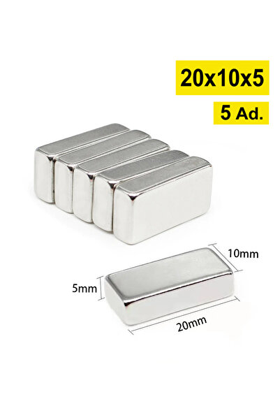 Dünya Magnet 5 Adet - Köşeli, Neodyum Mıknatıs, 20x10x5 Mm, Güçlü Magneti, N3...