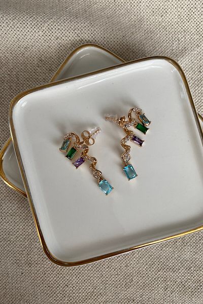 fuya design Colorful Baguette Stone Dangle ZigZag Design Steel Earrings