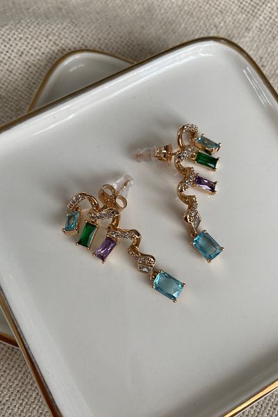 fuya design Colorful Baguette Stone Dangle ZigZag Design Steel Earrings