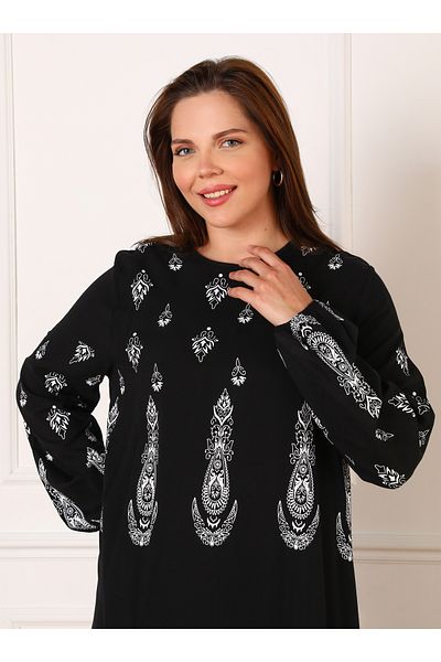 ALİA Plus Size Natural Fabric Ethnic Patterned Dress - Black -