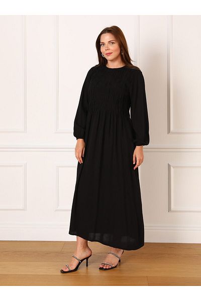 ALİA Plus Size Natural Fabric Gather Detailed Dress - Black - Alia