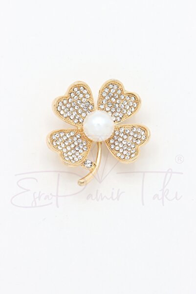 Esra Pamir 4 Yapraklı İncili Altın Renk Yonca Broş