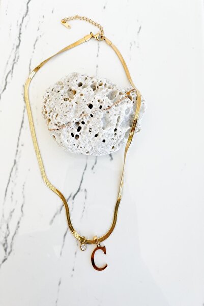 Pretty İtalyan Zincir Tek Taş ve Harfli Gold Renk Kararmaz Çelik Kolye