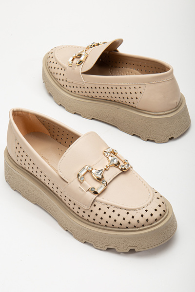 Tonny Black Kadın Ten Yanı Şerit Detaylı Önü Taşlı Tokalı Kalın Poli Taban Loafer