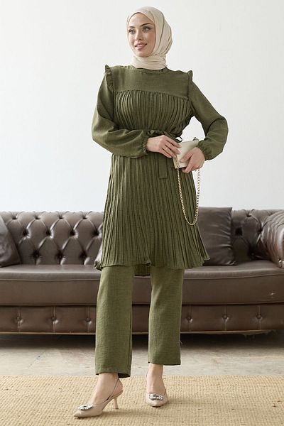 InStyle Front Pleated Ruffle Detail Set - Khaki