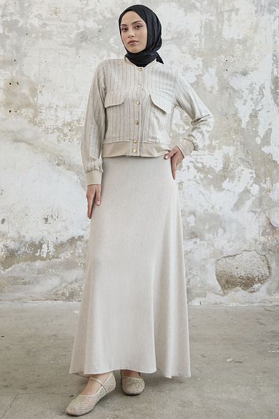 InStyle Linen Suit with Striped Jacket Skirt - Black