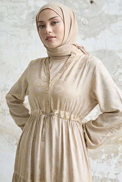 InStyle Gold Floral Gilded Dress - Beige