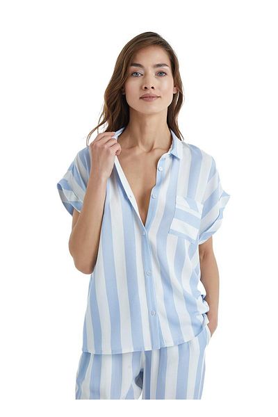 Blackspade Women's Buttoned Front Short Sleeve Blue Striped Pajamas Set C2T5N3O15-