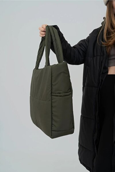 woys Τσάντα Shopper από ύφασμα με ανάγλυφο χακί χρώμα