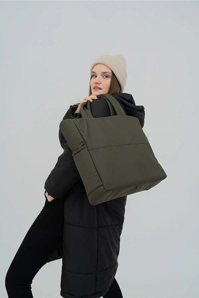 woys Khaki Color Embossed Puff Fabric Shopper Bag