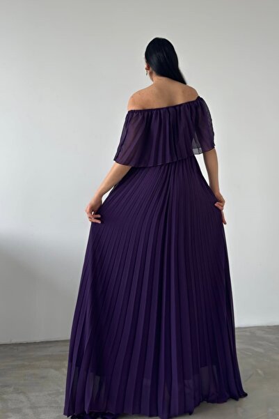 lovebox Women's Chiffon Fabric Strapless Collar Pleated Design Purple Maxi Evening Dress582848