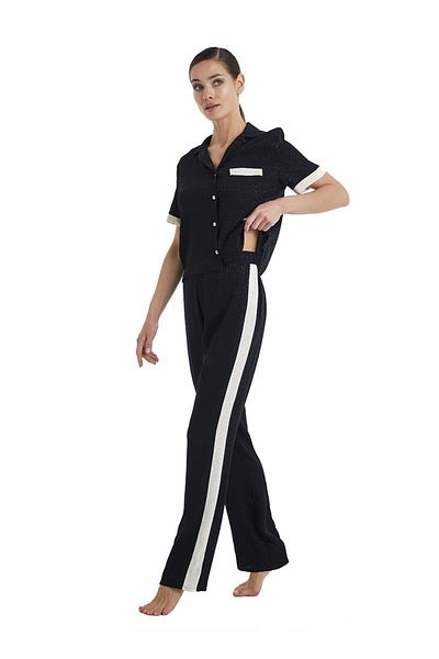 Blackspade Set de pijamale negre pentru femei cu mânecă scurtă, guler de cămașă C4T6N3O06-