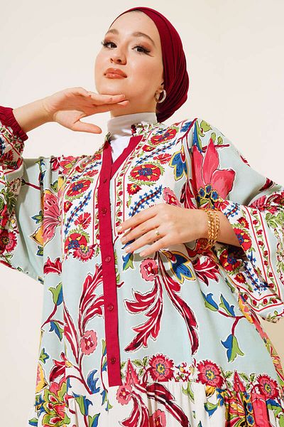 Lavanta Tekstil Floral Collar Buttoned Hijab Dress