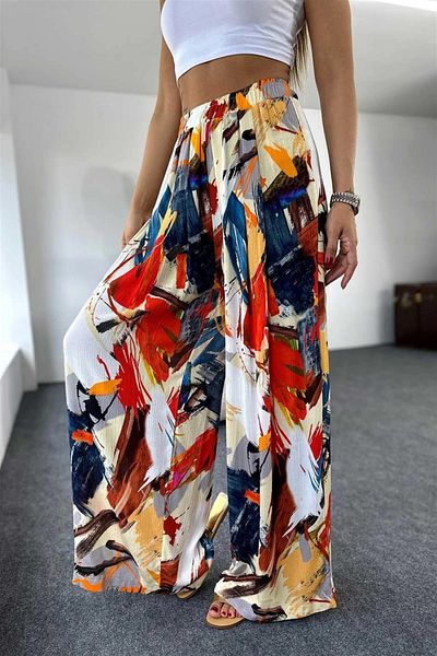 Lavanta Tekstil Viscose Fabric Elastic Waist Design Pattern Loose Women's Trousers Colorful