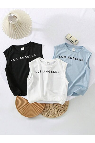 MORNİNG KİDS تي شيرت للأولاد مكون من 3 قطع بطبعة لوس أنجلوس بدون أكمام (أسود-...