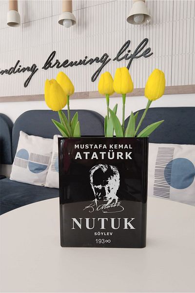 Gri Grafik Design Workshop Nutuk, Ataturk Printed Black Book Vase Including 5 White Wet Tulips