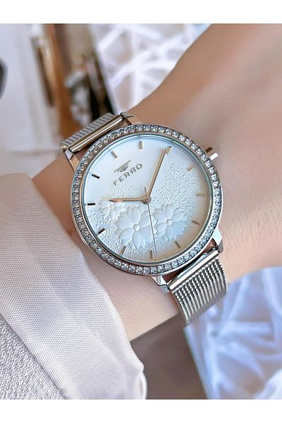 FERRO Silver Straw Cord Colorfast 30 Meters Water Resistant Special Design Women's Wristwatch 21242