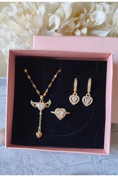 HKN AVM ACCESSORİES خاتم علاقة خطير - مجموعة قلادة وأقراط من الفولاذ المقاوم للصدأ