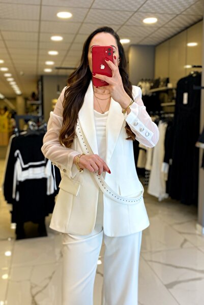 Vosse Mıanotte Ekru Kolları Organize Tül Detaylı Taşlı Ceket