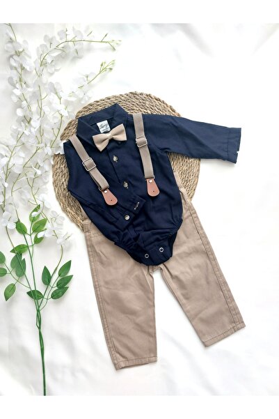 Terry Erkek Çocuk Askılı Papyon Gömlek Keten Pantolon Takım