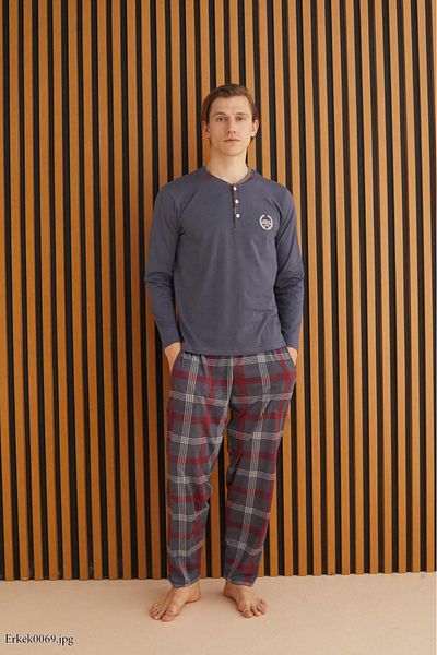 Pijamoni Men's Placket Buttoned plaid pajamas set long sleeve 100% Cotton (New Season)