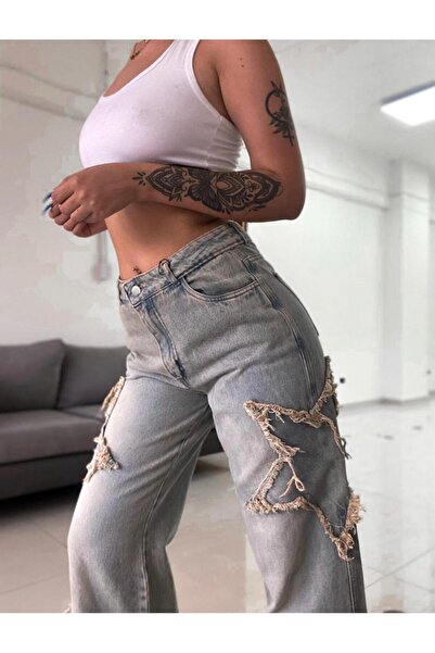 DENİKK Uniszex táskás retro farmernadrág - STAR RÉSZLET, Snow Wash farmernadrág