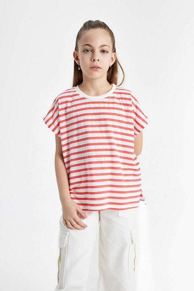 DeFacto B6697A8 Girls' Oversize Fit Jersey Stripe Short Sleeve T-Shirt