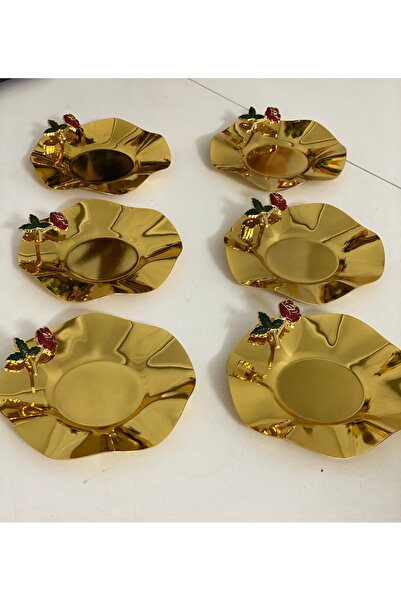 Elzem STAINLESS STEEL GOLD COLOR 6-PIECE TEA PLATE WITH ROSE ACCESSORIES