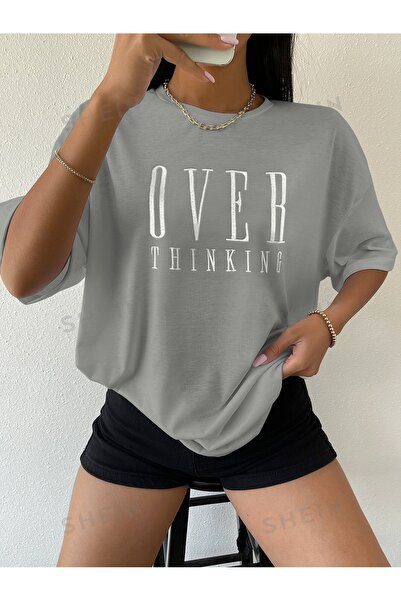 over head oh Ženska siva majica Overthinking Štampano Oversize T-shirt