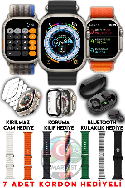 SMARTEST 49mm Ultra Akıllı Saat + Bluetooth Kulaklık + 7 Kordon + Kırılmaz Cam ve Kılıf Hediyeli Özel Set