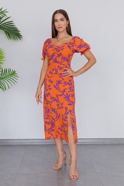 bayansepeti Rochie de vară portocalie, cu modele florale, cu fante, cu mâneci scurte, lungime midi, 1120
