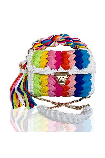 CHQEL Women's White Frame Colorful Summer Peanut Model Handmade Crochet Combed Cotton Thread Bag & Hand, Shoulder and Cross