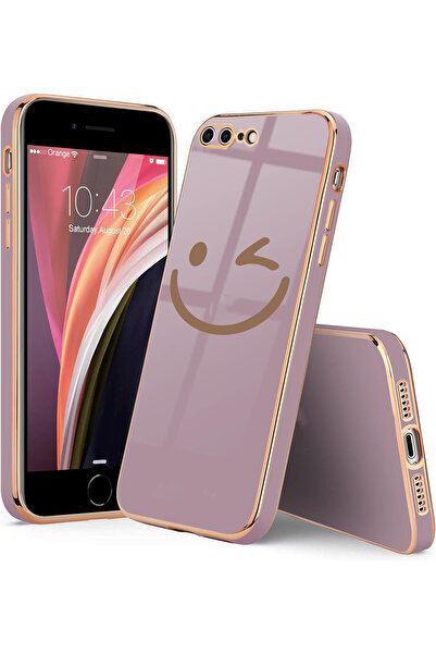 Merwish Apple iPhone 7 Plus ve 8 Plus Uyumlu Gülen Yüz Logolu Lazer Kılıf Mor