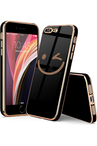 Merwish Apple iPhone 7 Plus ve 8 Plus Uyumlu Gülen Yüz Logolu Lazer Kılıf Siyah