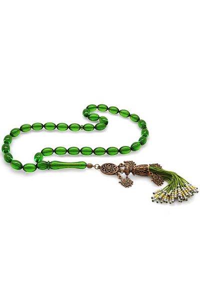Tesbihane Antique Copper Ottoman Palace Tufted Barley Cut Emerald Green Fire Amber Prayer Beads