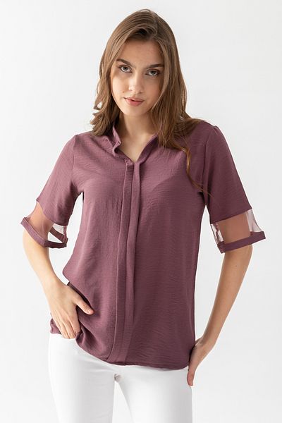 EtkiModa Γυναικεία Dusty Rose Judge γιακά μανίκια Τούλι Casual Cut Μπλούζα