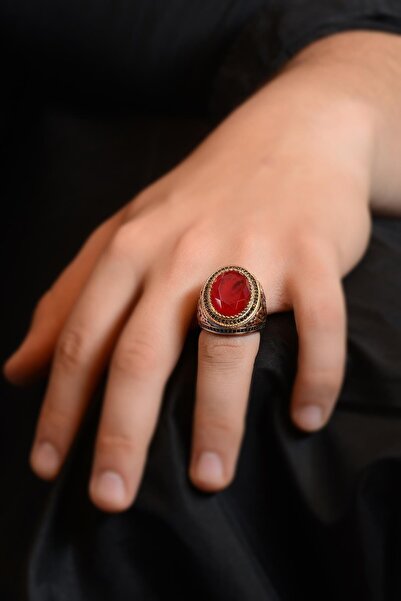 OSMANLI GÜMÜŞ Yakut Garnet Taşlı Yanı Selçuklu Kartalı Model Erkek Gümüş Yüzük