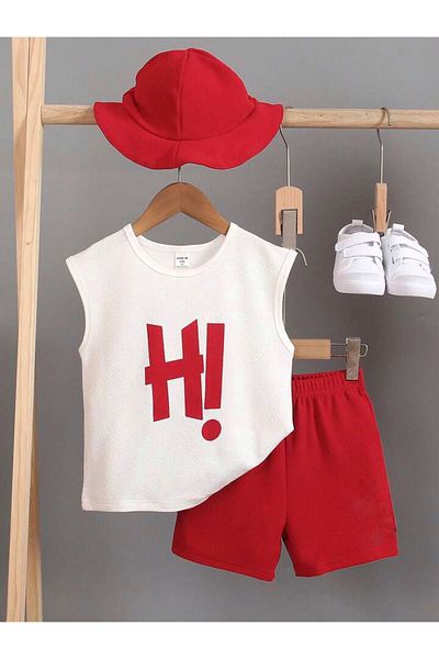 LOUİSA Boy-Girl White-Red H!Printed Zero Sleeve T-Shirt-Shorts Set