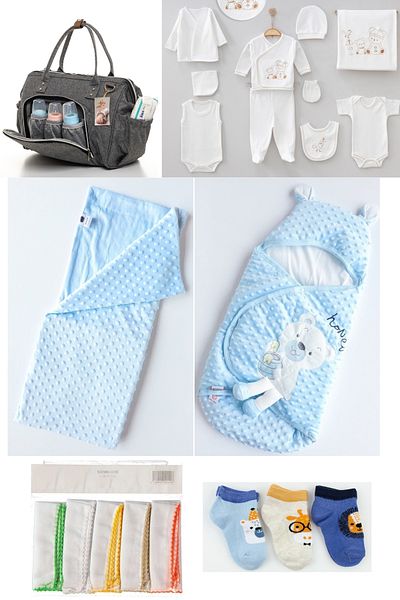 Necix's 6-Piece CUTE MONTHS BIRTH SET (10-Piece HOSPITAL EXIT, BABY BAG, SWADDLE, BLANKET, WIPES AND SOCKS SET)