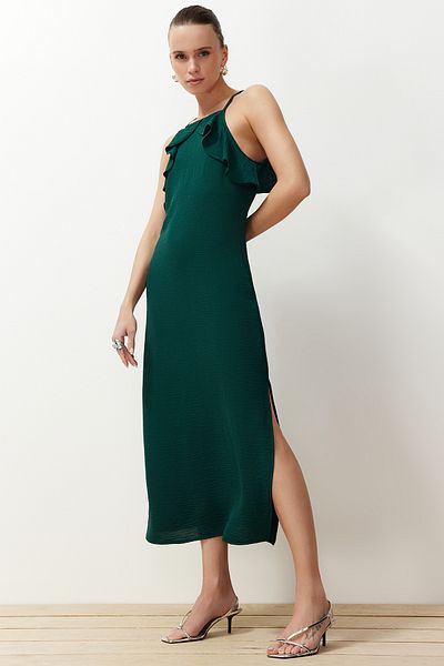 Trendyol Collection Emerald Green Straight Cut Ruffle Detailed Maxi Woven Dress TWOSS24EL00525